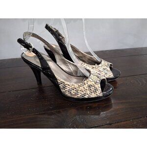 EUC Bandolino Malmo Black and Snake Print Open Toe Slingback Heels/Sz. 7M